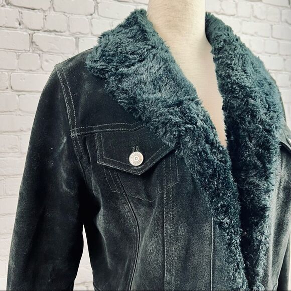 Vintage 90s Wilsons Leather Maxima Black Suede Sherpa Faux Fur Quilted Jacket - Picture 5 of 14